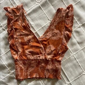 Paper crane by buckle, XS  rust, paisley, tank top, leather sleeves elastic